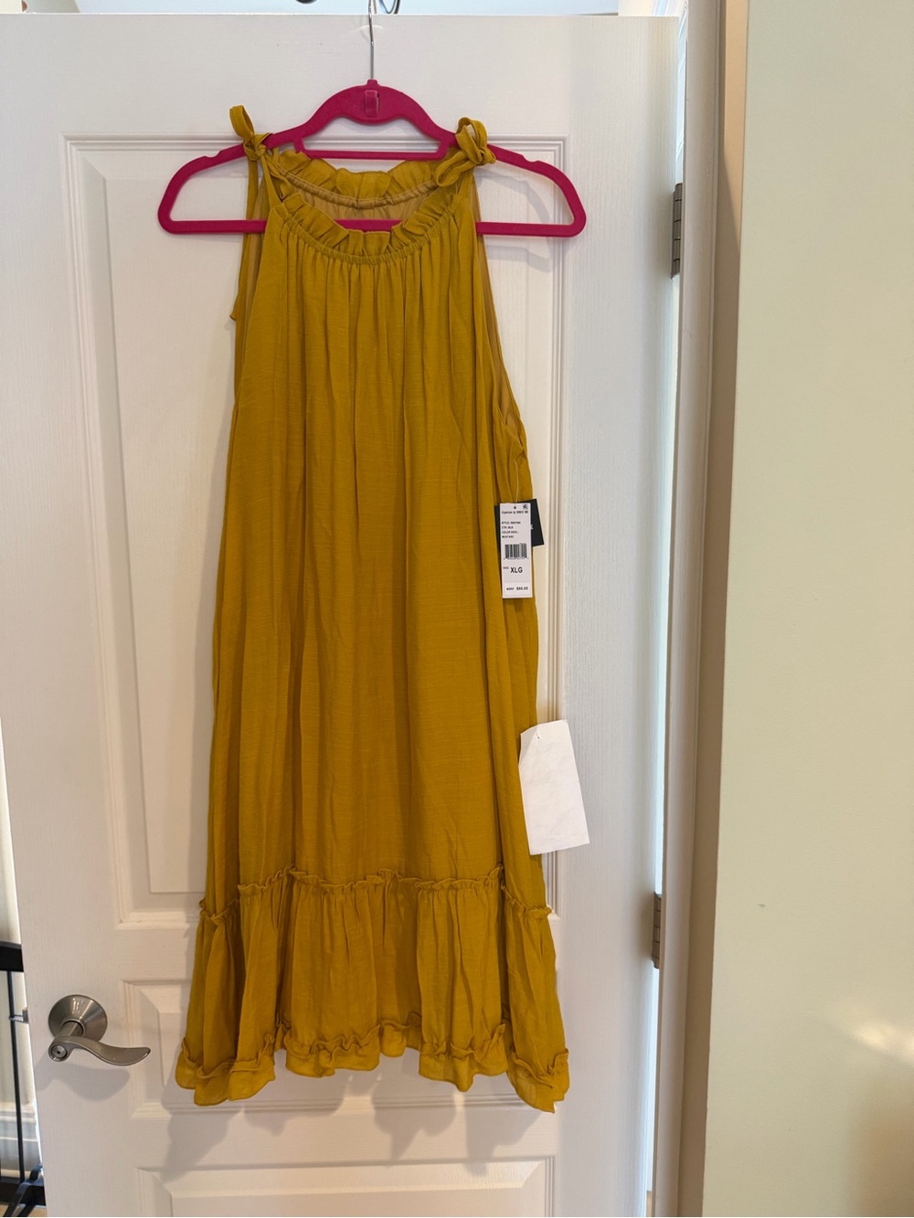 Signature by Robbie Bee Mustard Yellow Tie-Shoulder Ruffle-Hem Dress